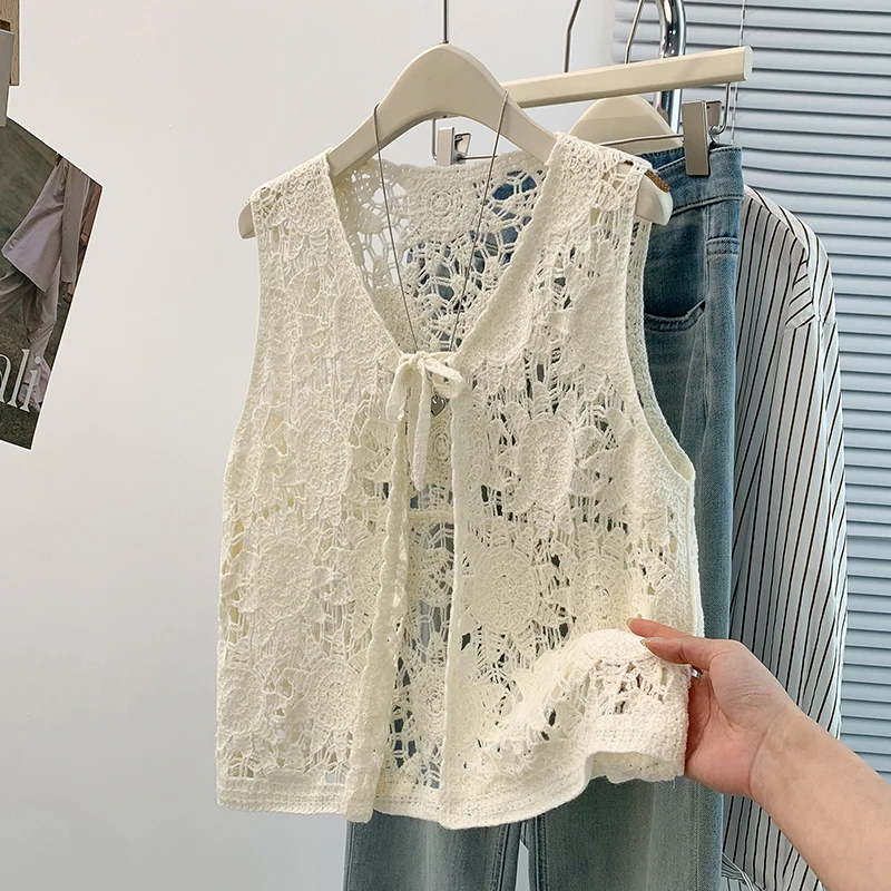 Crochet Top Boho - Cardigã de Crochê com Amarração Frontal,