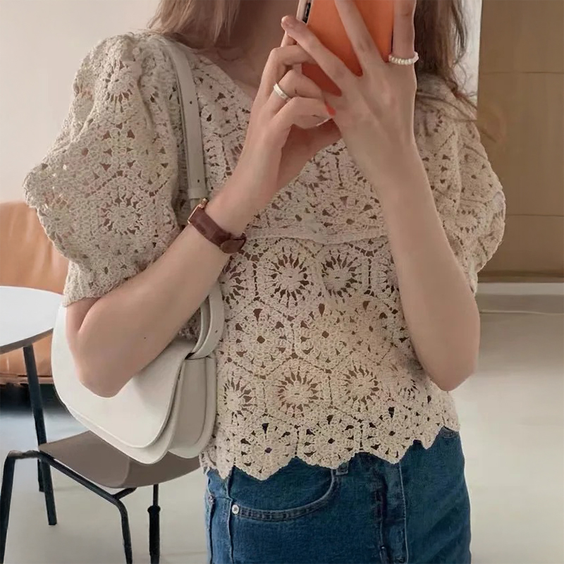 Crochet Top Boho - Blusa de Crochê com Renda, Manga