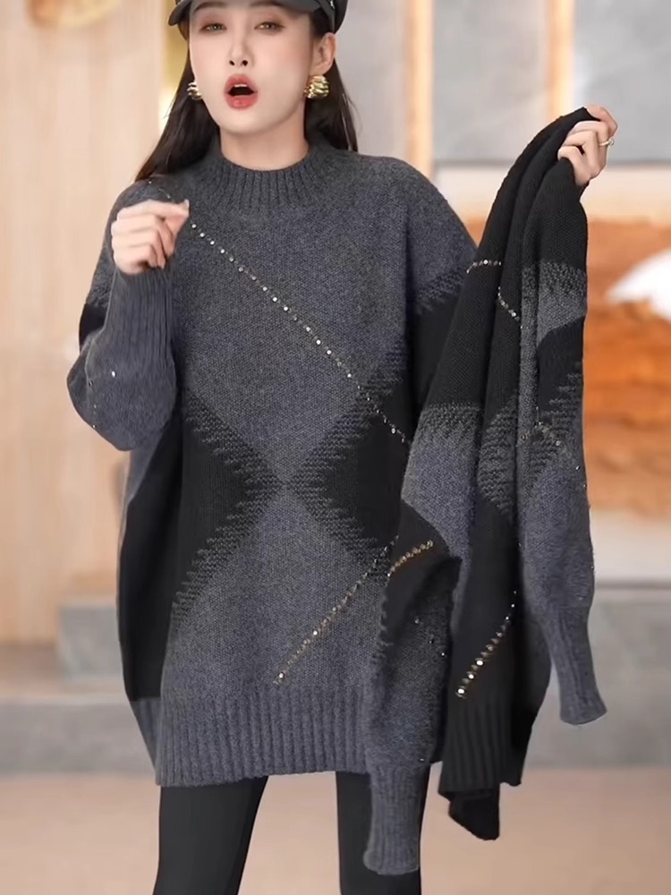 Vintage Fashion Hong Kong - Suéter de Inverno Tricotado Feminino, Manga