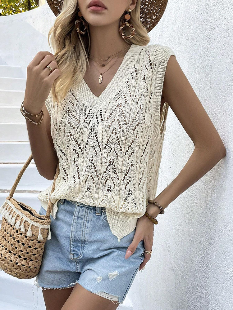 Crochet Top Boho - Colete Feminino Bege de Crochê com