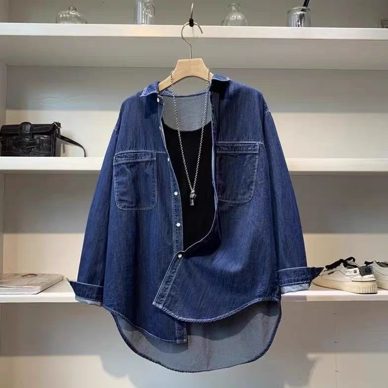 Vintage Fashion Hong Kong - Camisa Jeans Feminina Vintage Azul Escuro