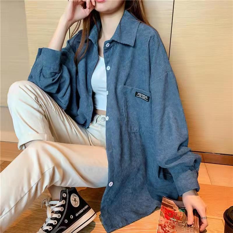 Vintage Fashion Hong Kong - Jaqueta de Corduroy Feminina, Estilo Solto,