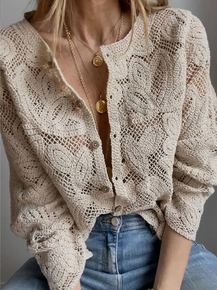 Crochet Top Boho - Camisas de malha de crochê feminino